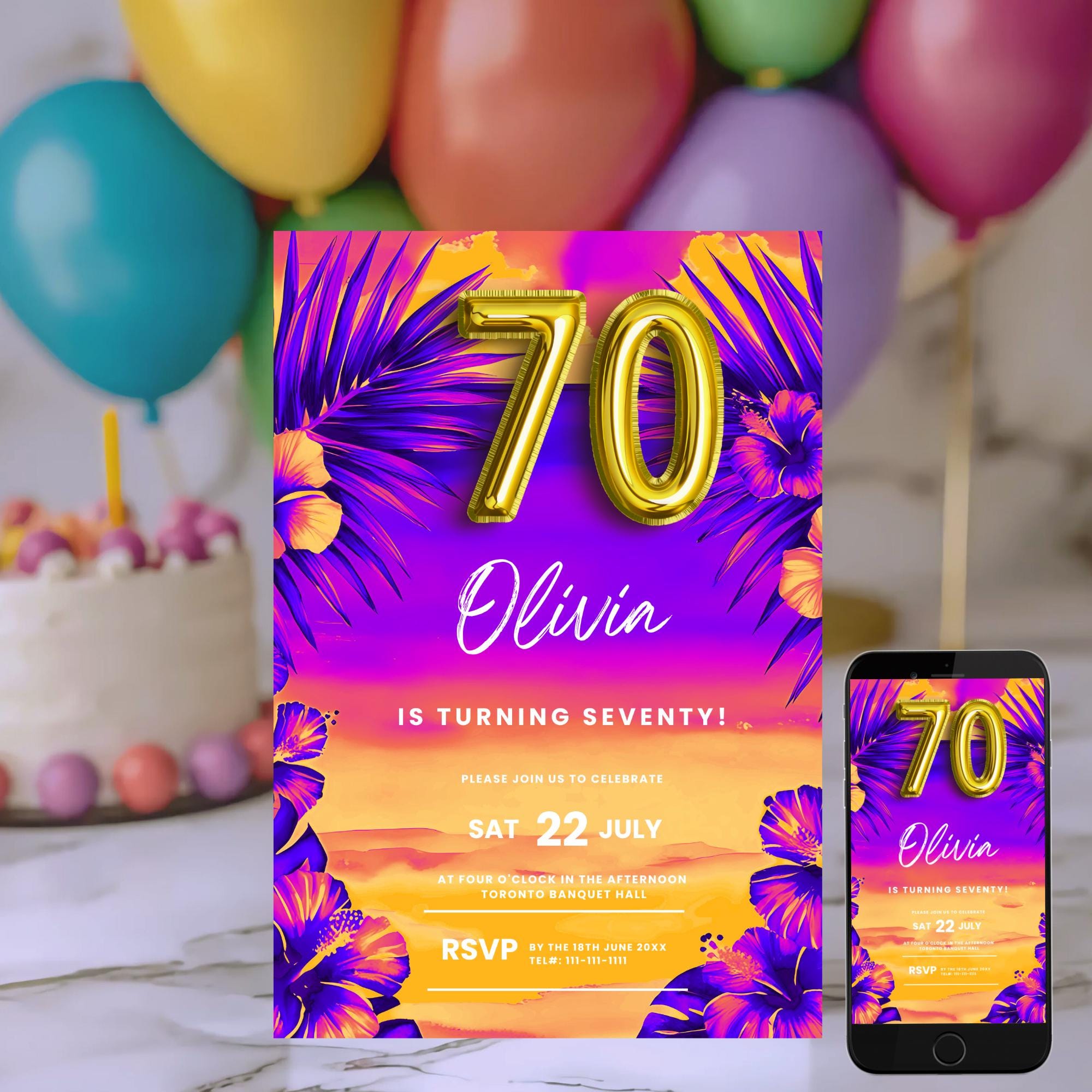 その他 Invitation Tropical 70th Birthday Invitation: Hawaiian Beach Party (digital