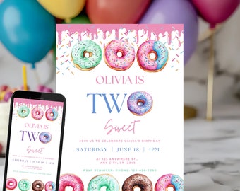 Editable Donut 2nd Birthday Invitation: Two Sweet Party (Digital Download)