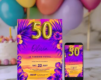 Tropical 50th Birthday Invitation: Printable Hawaiian Party (Digital Download)