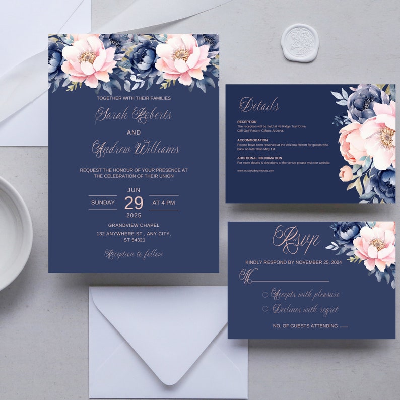 Editable Navy Blue Wedding Invitation Suite Template Instant Download ...