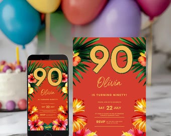 May include: A smartphone and invitation card with a tropical theme. The invitation is for a 90th birthday, featuring the number 90 in gold, the name "Olivia", and floral decorations on a red background. Balloons are in the background.