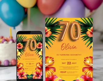 May include: A birthday invitation with a tropical theme. The invitation features the number "70" in gold, the name "Olivia", and the text "Is Turning Seventy!" on a yellow background with floral and palm leaf accents. A smartphone displays the same design.