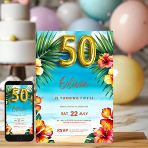 50. Geburtstagseinladung INSTANT DOWNLOAD, 50. Geburtstag einladen, Druckbare Tropisch einladen, Hawaiianer einladen, Sommerstrandparty