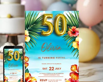 50th Birthday Invitation INSTANT DOWNLOAD, Fiftieth Birthday Invite, Printable Tropical Invite, Hawaiian Invite, Summer Beach Party