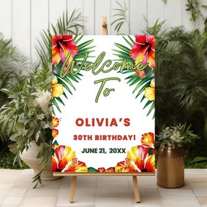 Tropical Birthday Welcome Sign, Party Decoration, Hawaiian Party Sign, Printable Palm Leaves Design, Beach Party Sign, Instant Download
