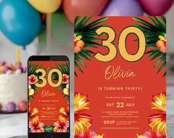 Puede incluir: Una invitación de cumpleaños con temática tropical. La invitación presenta el número "30" en dorado, el nombre "Olivia" y detalles florales y de hojas sobre un fondo rojo. Un smartphone muestra el mismo diseño.