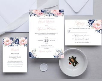 May include: Wedding invitation suite with a floral design in shades of pink and blue. The invitation features the names "Sarah Roberts" and "Andrew Williams" and the date "June 29, 2025". The RSVP card includes a response section with options to accept or decline the invitation.