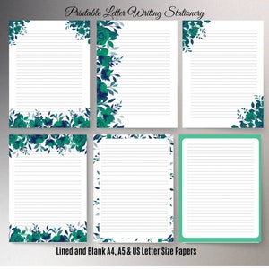 Ensemble d'écriture de lettres floral vert imprimable - Lettre US, A4 et A5 ligné et vierge | Téléchargement instantané, notes et papier journal