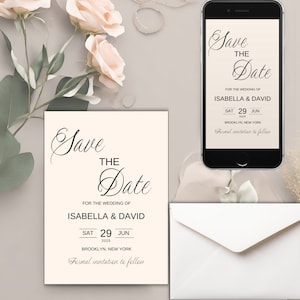Könnte beinhalten: Save-the-Date-Karte mit weißem Hintergrund und schwarzem Text. Die Karte lautet "Save the Date" für die Hochzeit von Isabella & David am Samstag, den 29. Juni 2025 in Brooklyn, New York. Formelle Einladung folgt.