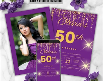Purple & Gold 50th Birthday Invitation with Photo, Editable Party Invite, Instant Download
