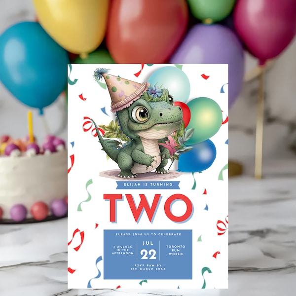 Editable Second Birthday Dinosaur Invite, 2nd Birthday Invitation, Boys T Rex Jurassic Invitation, Instant Download