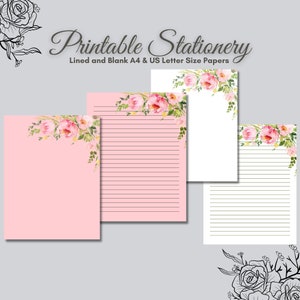 Rosa Blumen Druckbares Briefpapier, Florales Briefpapier, A4 & US Letter Briefpapier, Sofortiger Download, Niedliches Briefpapier