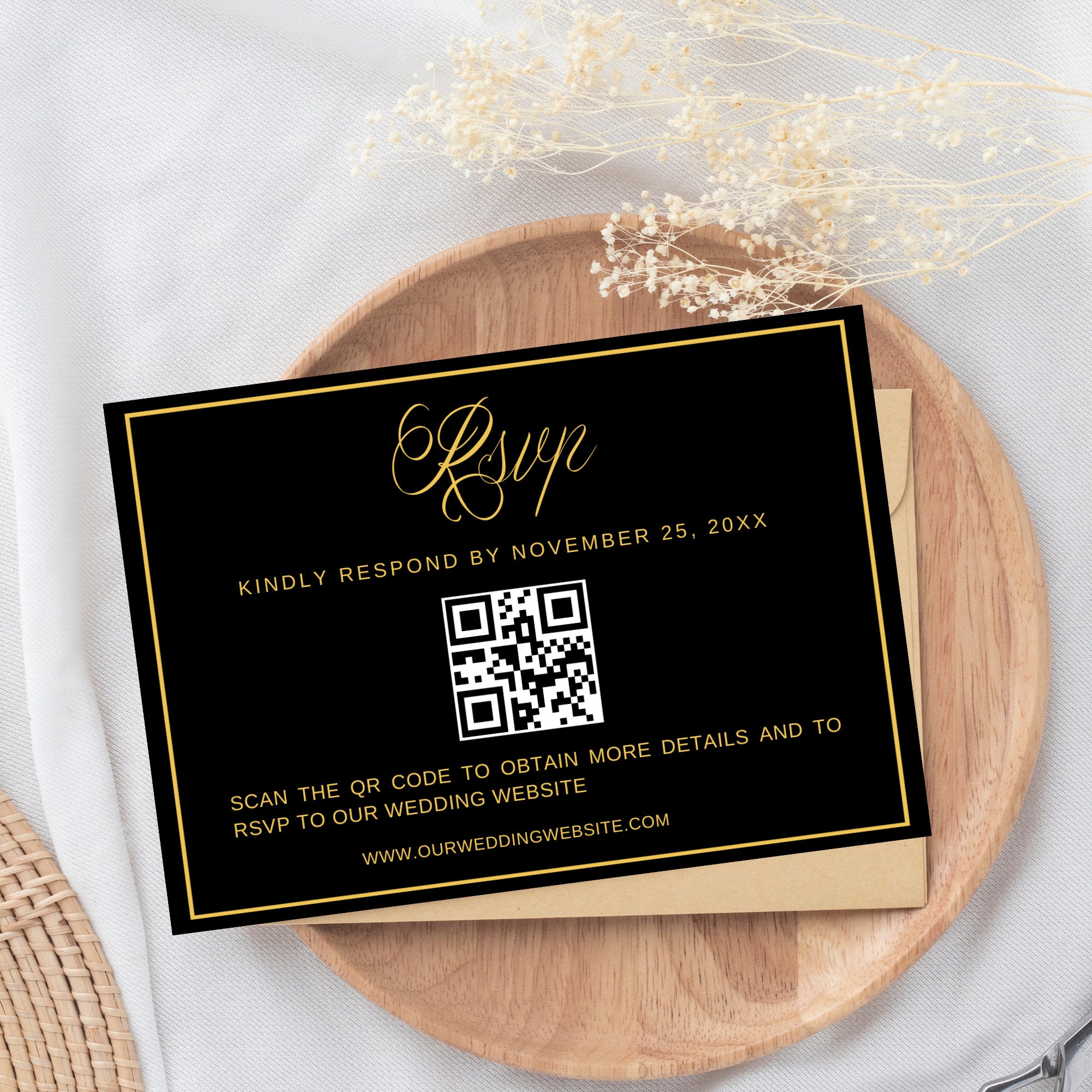 Editable QR Code Wedding RSVP Card: Minimalist Black and Gold (instant ...