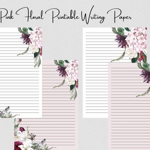 Druckbare rosa Blumen Briefpapier, Briefpapier Set, druckbares liniertes unliniertes Briefpapier, druckbares Briefpapier