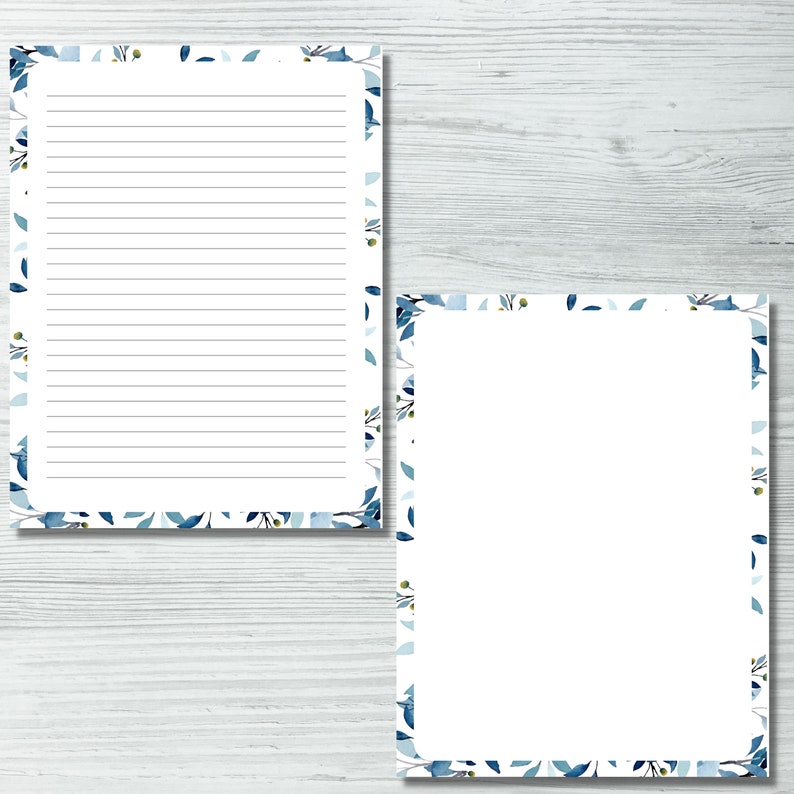 Set d'écriture de lettres floral bleu imprimable Lettre US, A4 et A5 ligné et vierge Téléchargement instantané, notes et papier journal image 6