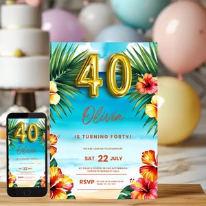 40th Birthday Invitation INSTANT DOWNLOAD, Fortieth Birthday Invite, Printable Tropical Invite, Hawaiian Invite, Summer Beach Party