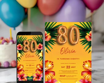 Tropical 80th Birthday Invitation: Hawaiian Beach Party, Printable Template (Digital Download)