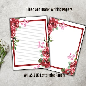 Valentine Writing Paper, Printable Red Floral Letter Writing Paper, Love Letter Paper, Stationery Set, Love Notes, Instant Download