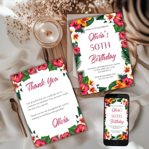 Convite para 50º aniversário, DOWNLOAD INSTANTÂNEO, Convite tropical para 50º aniversário, Convite com flores de hibisco editáveis e cartão de agradecimento, Festa no jardim