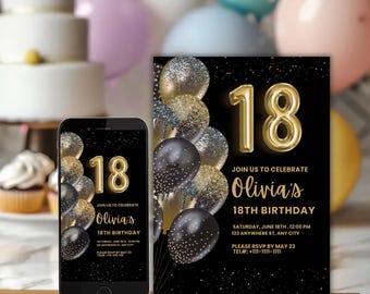 May include: Black and gold 18th birthday invitation and matching phone screen design. The invitation features gold foil balloons, the number 18, and the text "Join us to celebrate Olivia's 18th Birthday". The phone screen mirrors the invitation design.