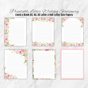 Roze bloemenletterschrijfset-US Letter, Half Letter, A4 & A5 gevoerd en blanco schrijfpapier | Direct downloaden, notities en dagboekpapier