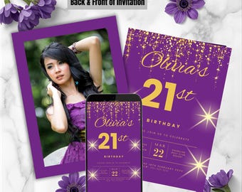 Purple & Gold 21st Birthday Invitation with Photo, Editable Party Invite, Instant Download