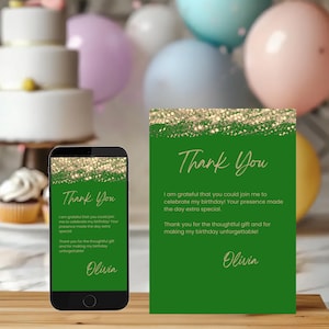 Green and Gold Birthday Thank You Card, Printable Wedding Thank You Card Template, Digital Thank You Card, INSTANT DOWNLOAD, Canva