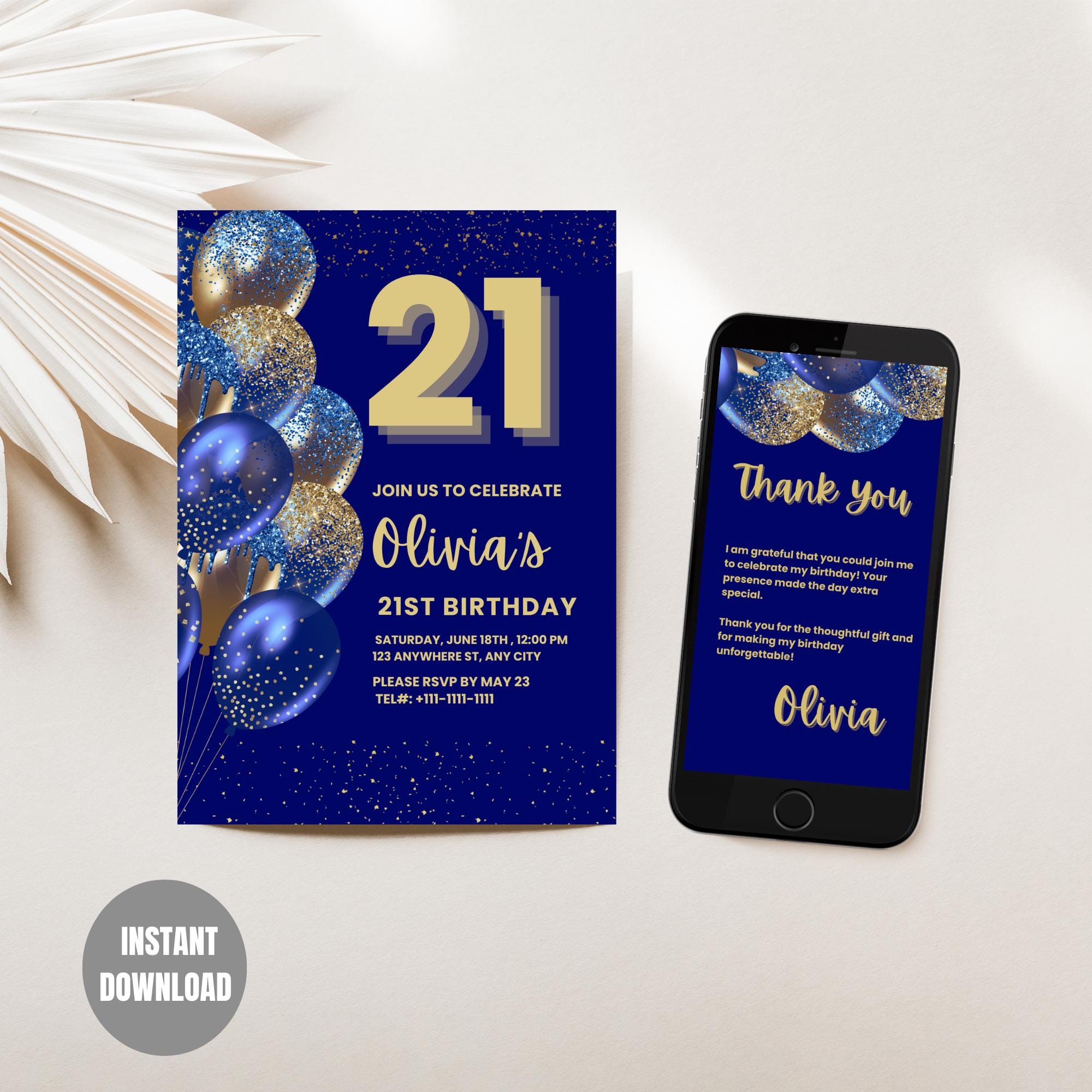 Editable Blue and Gold Birthday Party Invitation and Thank You Cards ...