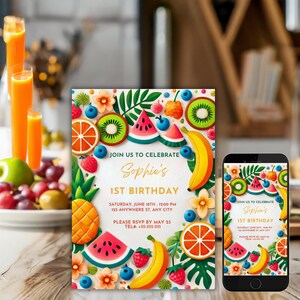Fruity First Birthday Invitation: Tropical Summer Party (Digital Download)