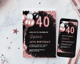 Bearbeitbare Einladung zum 40. Geburtstag: Black & Pink Sparkle (digitale und druckbare Einladung)