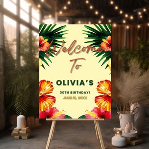 Tropical Birthday Welcome Sign, Party Decoration, Hawaiian Party Sign, Printable Palm Leaves Design, Beach Party Sign, Instant Download