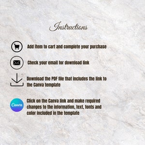 May include: Instructions graphic on a marble background. The text includes steps: add item to cart, check email for download link, download PDF with Canva link, and click Canva link to edit the template.