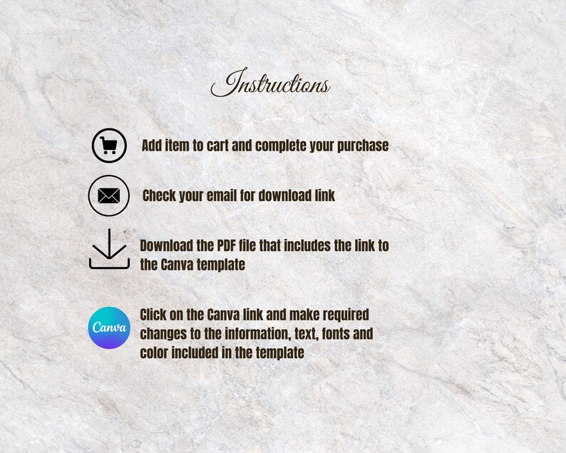May include: Instructions graphic on a marble background. The text includes steps: add item to cart, check email for download link, download PDF with Canva link, and click Canva link to edit the template.
