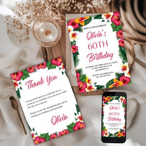 Convite para 60º aniversário, DOWNLOAD INSTANTÂNEO, Convite Tropical para Sexagésimo Aniversário, Convite Editável com Flores de Hibisco e Cartão de Agradecimento, Festa no Jardim