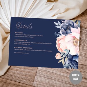 Bearbeitbare Hochzeitsdetails Kartenvorlage Sofortiger Download, druckbare blaue und rosa Blumenhochzeitsfeier und Anpassungsdetails Karte