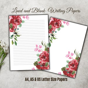 Papel de escritura de San Valentín, papel de escritura de cartas florales rojas imprimibles, papel de carta de amor, juego de papelería, notas de amor, descarga instantánea
