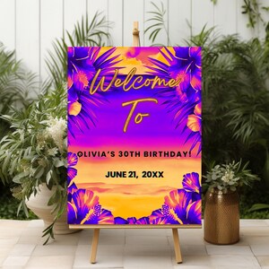 Tropical Birthday Welcome Sign, Party Decoration, Hawaiian Party Sign, Printable Palm Leaves Design, Beach Party Sign, Instant Download