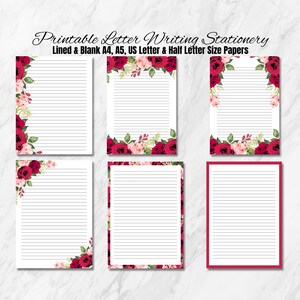 Conjunto de escrita de letras florais vermelhas - carta dos EUA, meia letra, A4 e A5 forrado e papel de carta em branco | Download instantâneo, notas e papel de diário