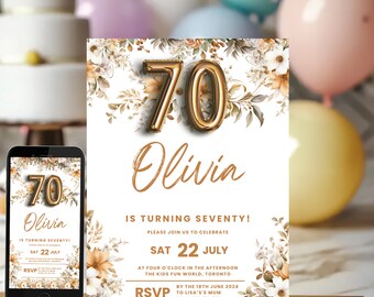 Floral 70th Birthday Invitation: Neutral Garden Party (Digital Download)