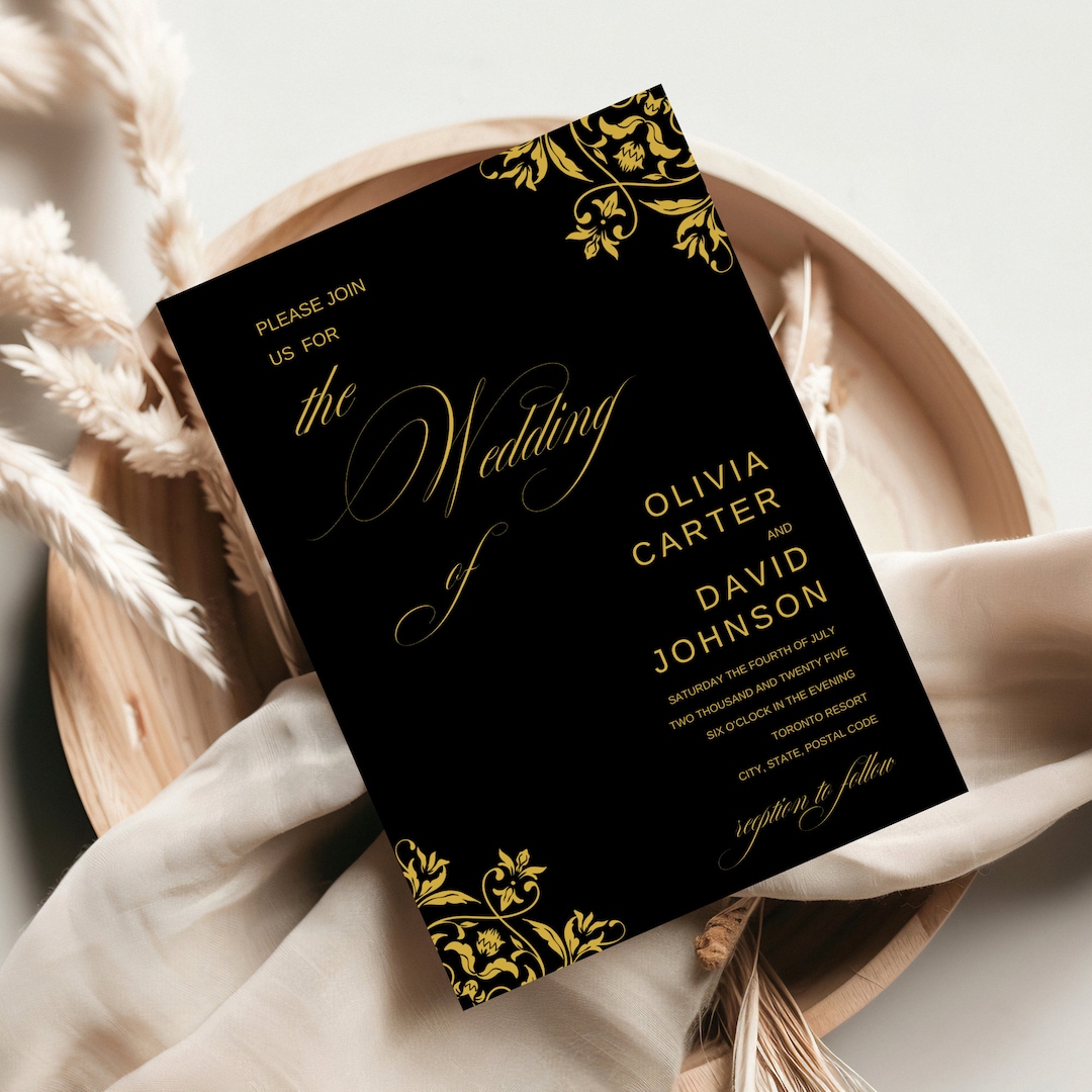 Editable Black and Gold Wedding Invitation Template (instant Download ...