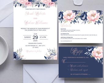May include: A wedding invitation with a floral design in shades of pink and blue. The invitation features the names Sarah Roberts and Andrew Williams, the date June 29, 2025, and the time 4 PM. The invitation also includes details about the ceremony and reception, as well as a RSVP card.