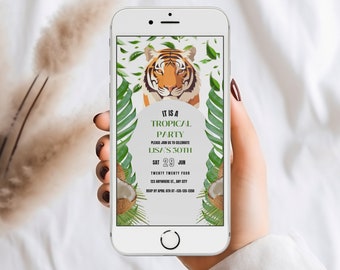 Puede incluir: Una invitación digital para una fiesta tropical para celebrar el 30 cumpleaños de Lisa. La invitación presenta un tigre, hojas verdes y cocos. El texto dice "Es una fiesta tropical. Únase a nosotros para celebrar el 30 cumpleaños de Lisa. Sáb 29 jun. Veinte Veinticuatro. 123 Anywhere St, Any City. RSVP antes del 6 de abril al -135-135-1350."