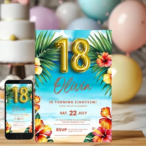 18th Birthday Invitation INSTANT DOWNLOAD, Eighteenth Birthday Invite, Printable Tropical  Invite, Hawaiian Invite Summer Beach Party