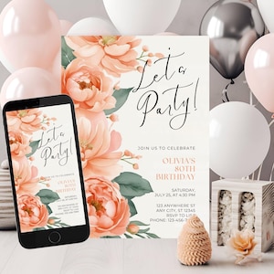 80. Geburtstagseinladung sofortiger Download, achtziger Geburtstag einladen, Pfirsichblumen einladen, Gartenparty einladen