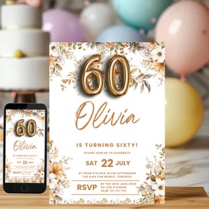 Floral 60th Birthday Invitation: Neutral Garden Party (Digital Download)