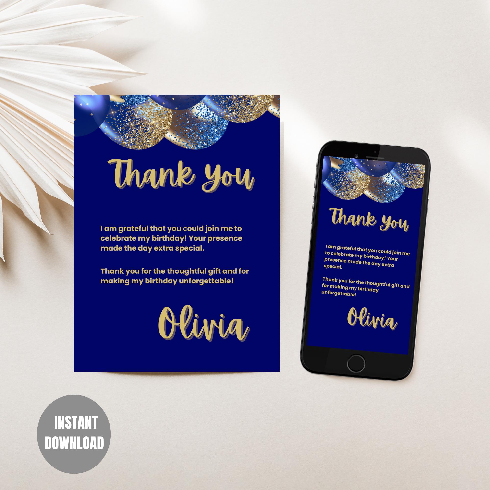 Editable Blue and Gold Birthday Thank You Card, INSTANT DOWNLOAD, Canva ...