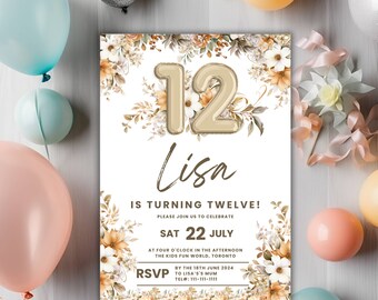 May include: A white invitation card with a floral design and gold foil accents. The number 12 is displayed in gold foil balloons. The text reads "Lisa is turning twelve! Please join us to celebrate Sat 22 July at four o'clock in the afternoon The Kids Fun World, Toronto By the 18th June 2024 to Lisa's Mum Tel: 111-111-1111"