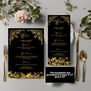 Hochzeitsessen-Menüvorlage, Geburtstagsfeier-Menükarte, bearbeitbare Schwarz-Gold-Vorlage, druckbares Menü, Sofort-Download