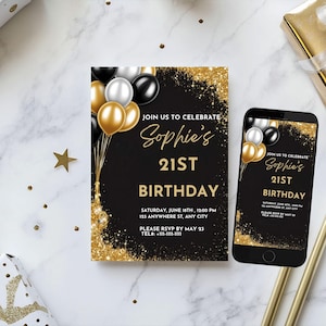 Editable Black and Gold 21st Birthday Invitation (Digital and Printable Invite)