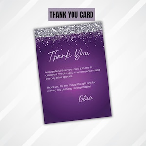Tarjeta de agradecimiento de cumpleaños morada y plateada, plantilla de tarjeta de agradecimiento de boda imprimible, DESCARGA INMEDIATA, Canva